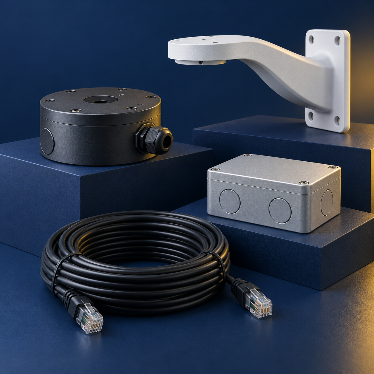 Camera mounting hardware, junction boxes and Ethernet cable on navy studio plinths