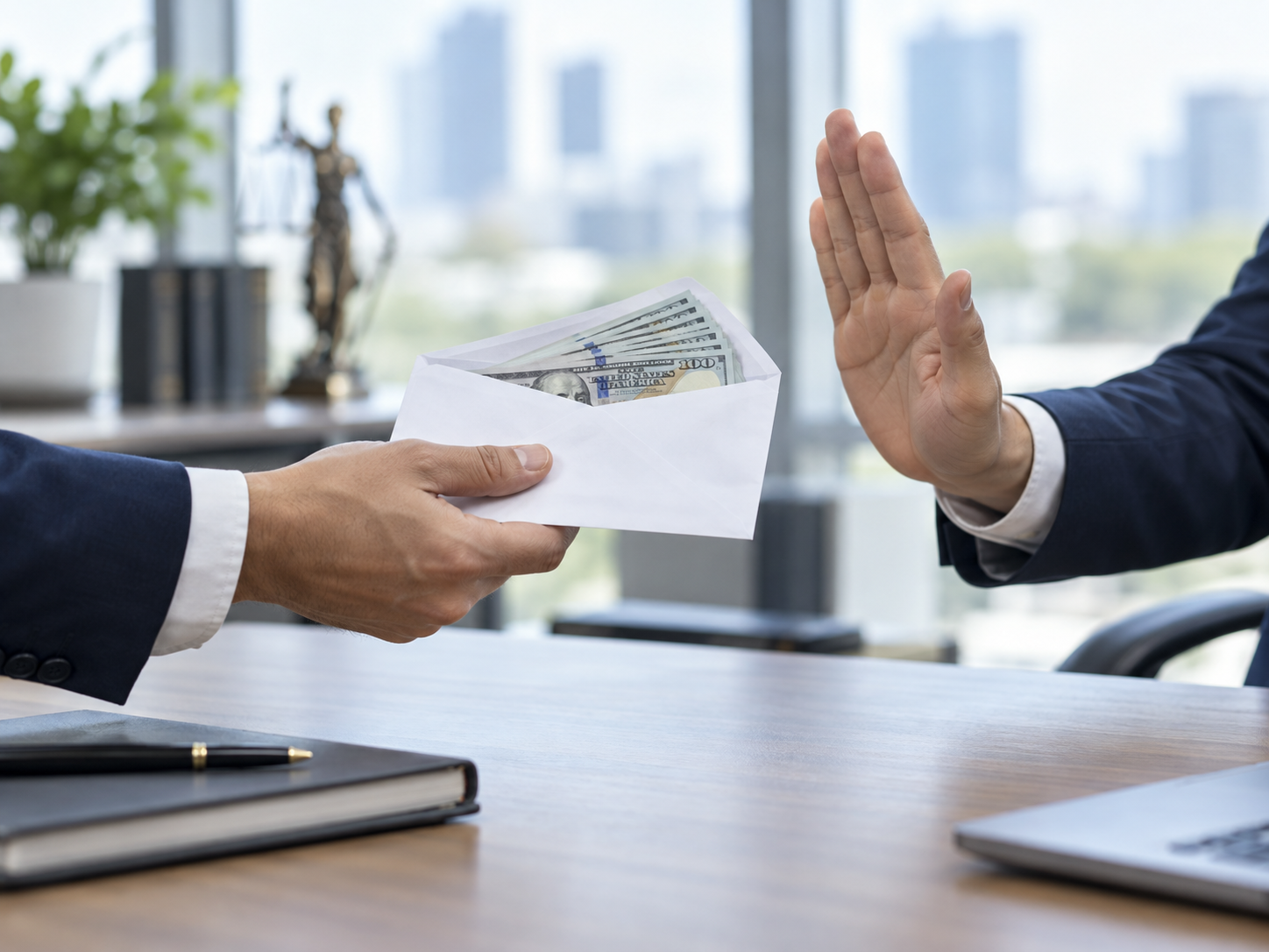 A hand refusing an envelope of money, illustrating rejection of bribery