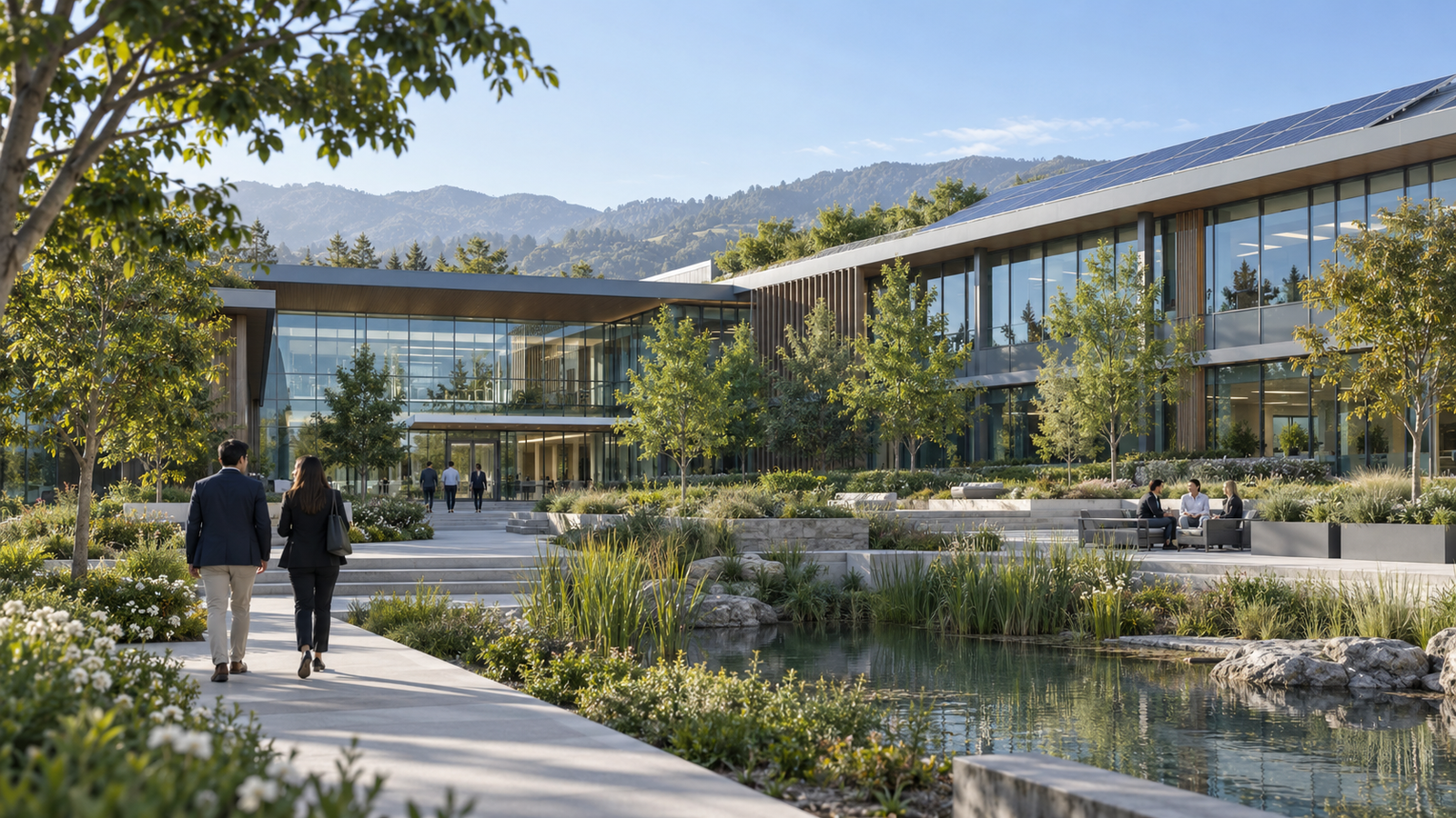 Illustrative modern campus with greenery and solar panels