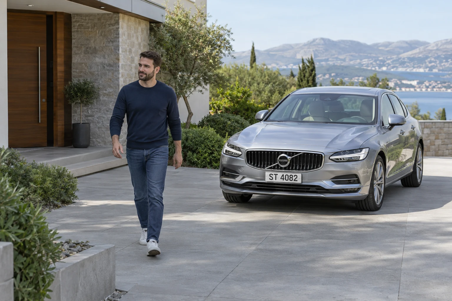 A person and a vehicle in a residential driveway