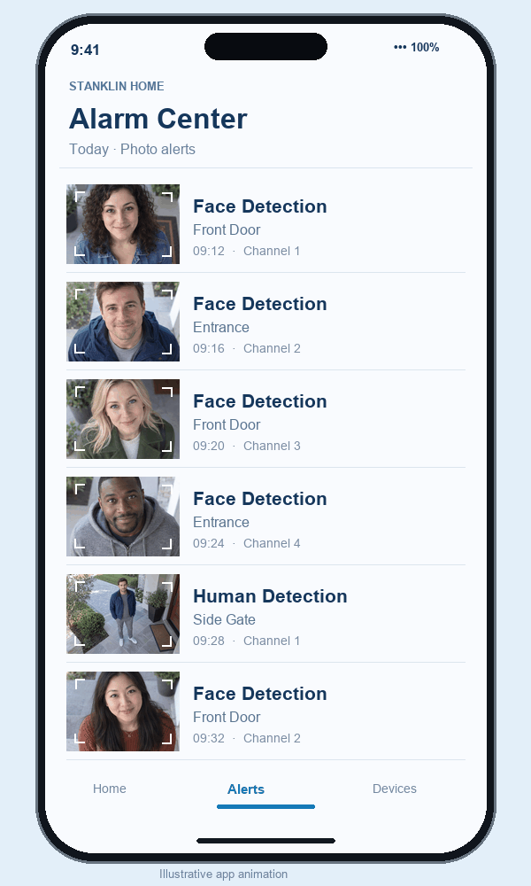 Animated Alarm Center showing face, human and vehicle event alerts with snapshots and timestamps
