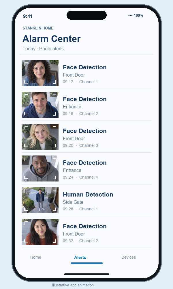 iPhone Alarm Center displaying face, human and car detection alerts with matching photo previews and timestamps
