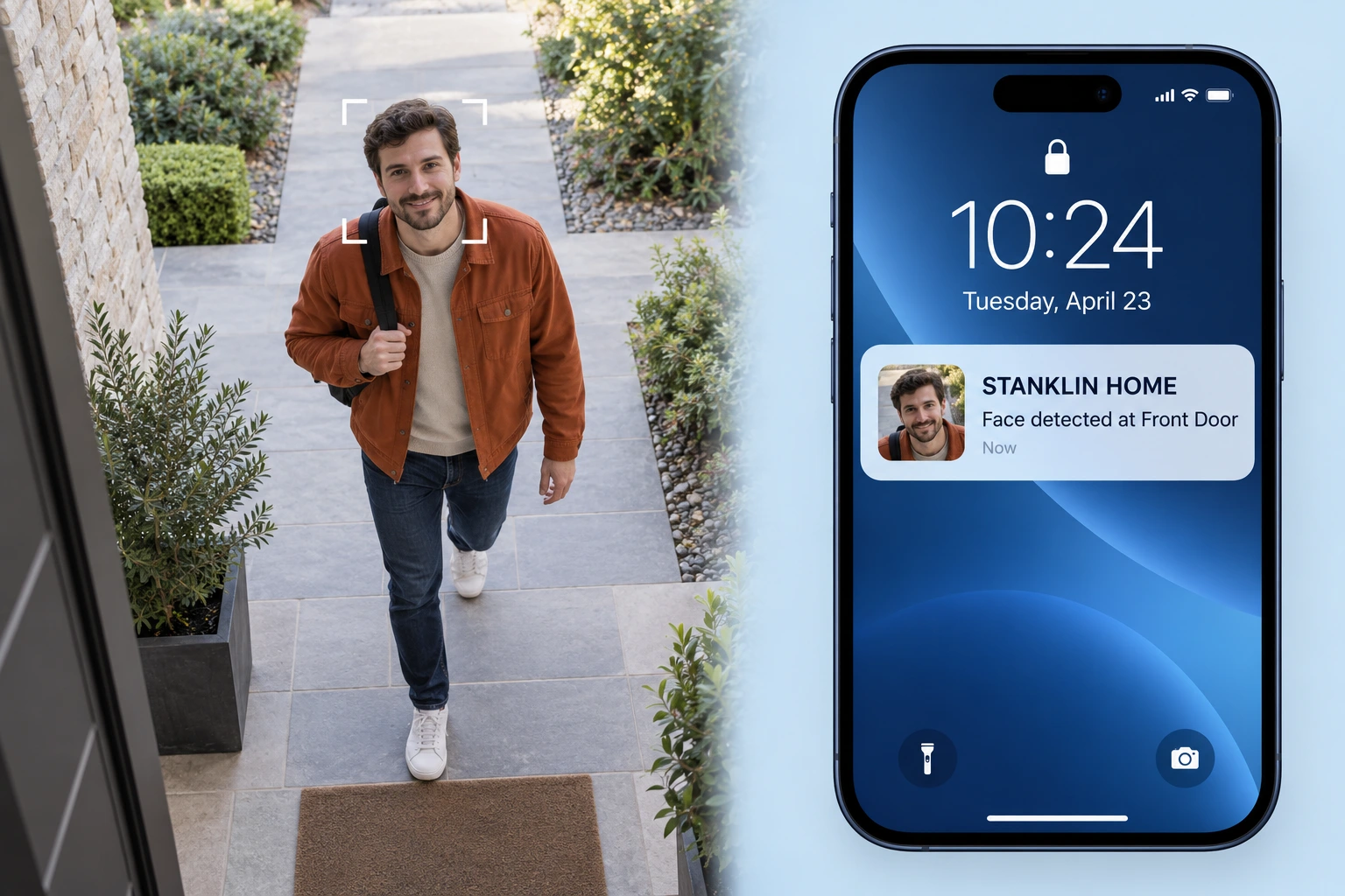 Illustration of a Stanklin Home face-detection notification with visitor snapshot on a phone