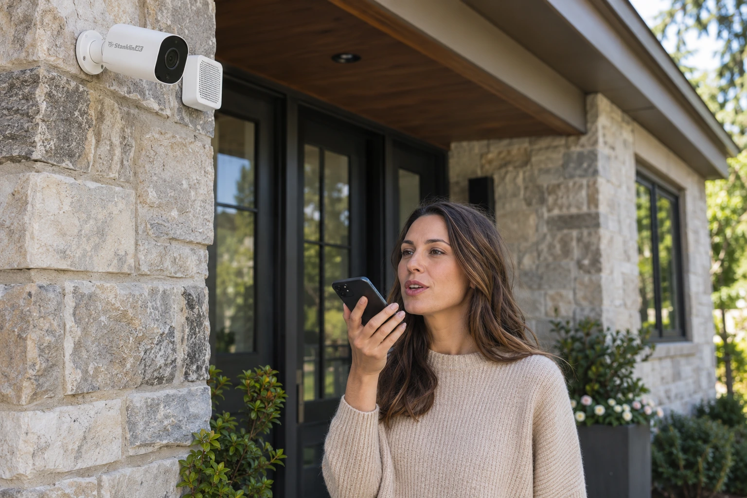 Homeowner recording a voice message below an installed Stanklin camera