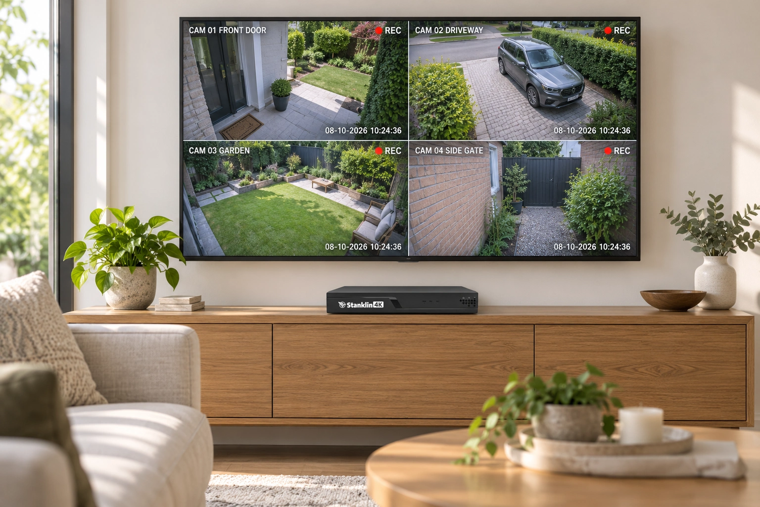 Compact Stanklin NVR-104K-H recorder beneath a TV showing labelled CCTV feeds in a home