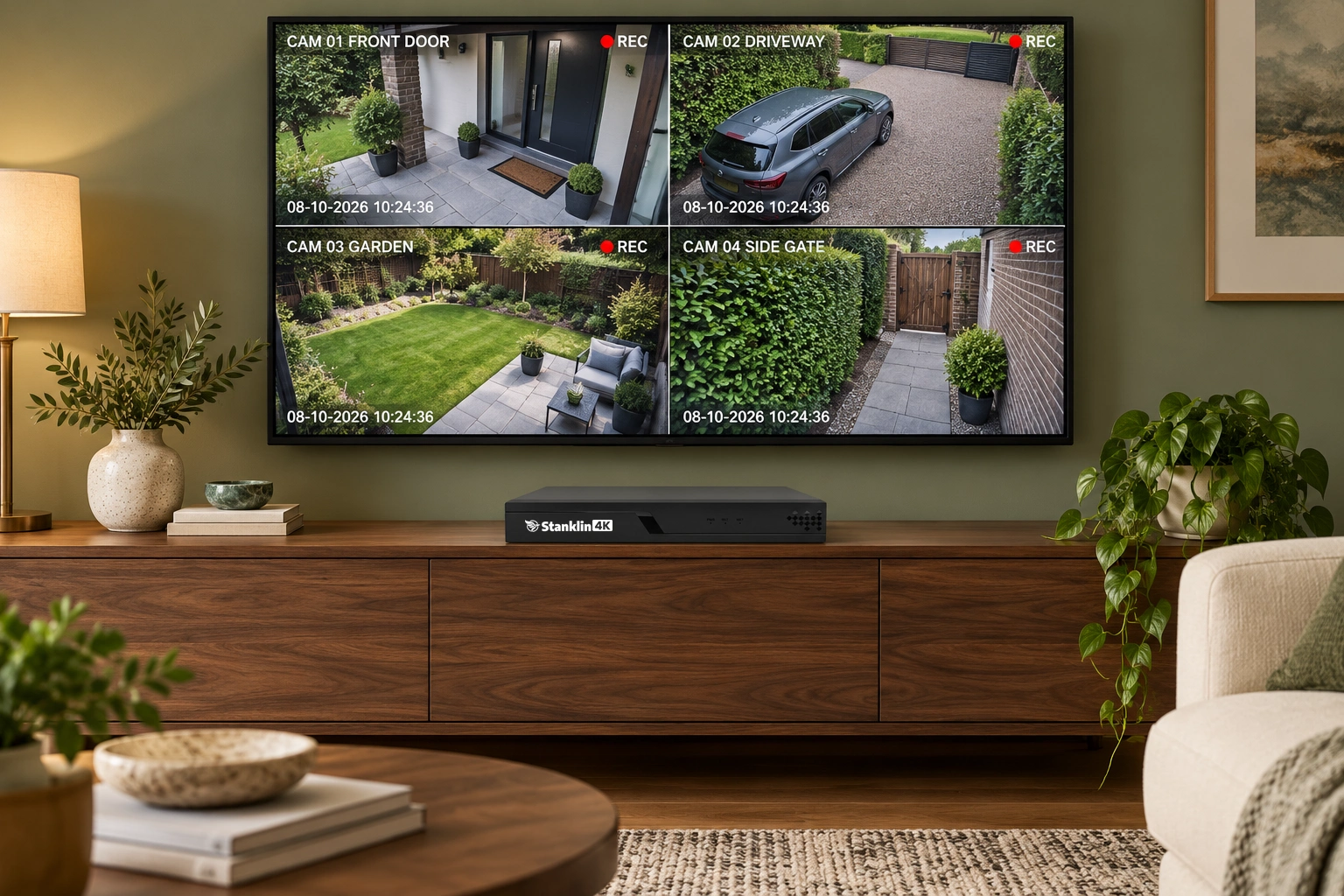 Stanklin recorder beneath a home television showing security camera feeds