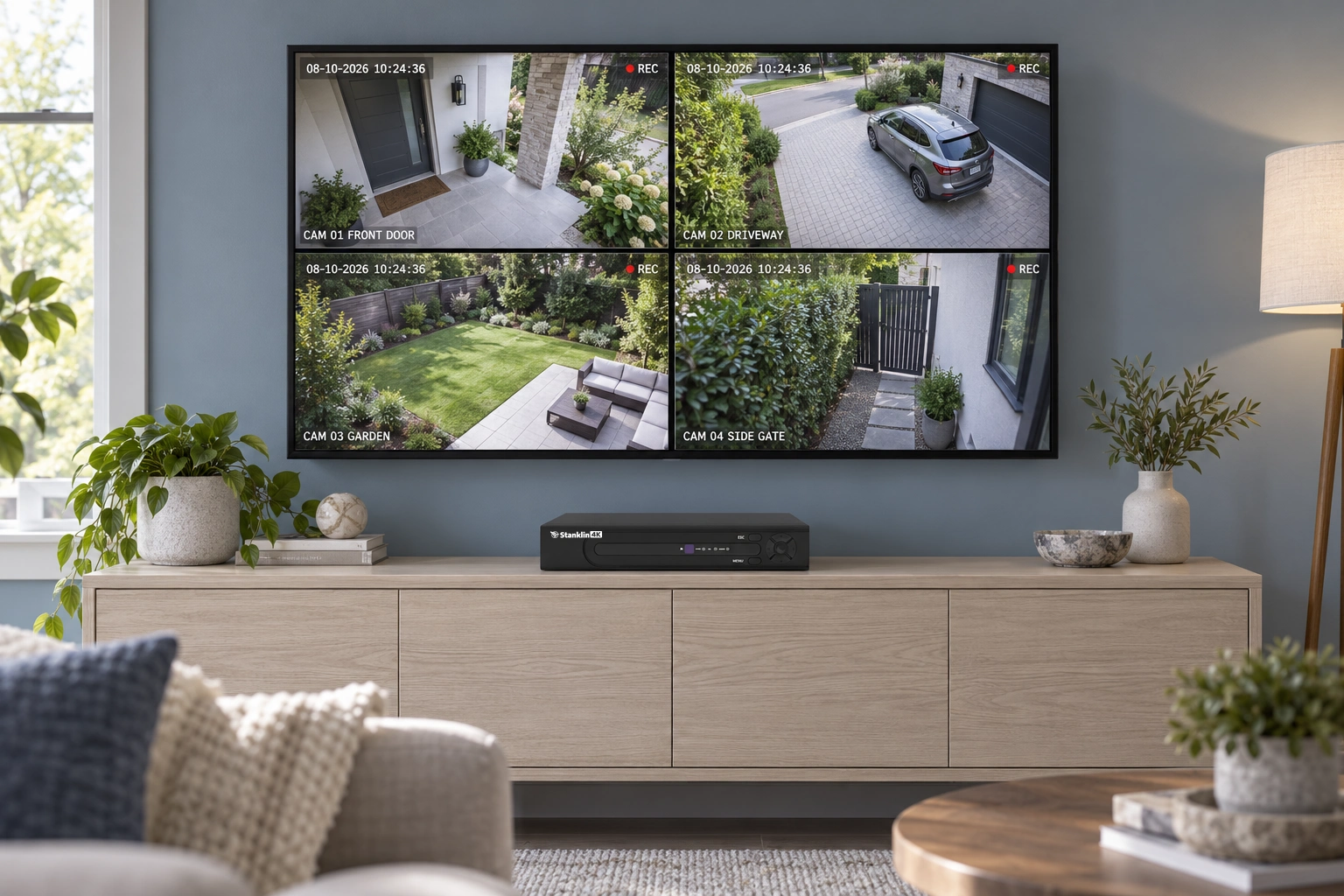 Compact Stanklin NVR-324K-H2 recorder beneath a TV showing labelled CCTV feeds in a home