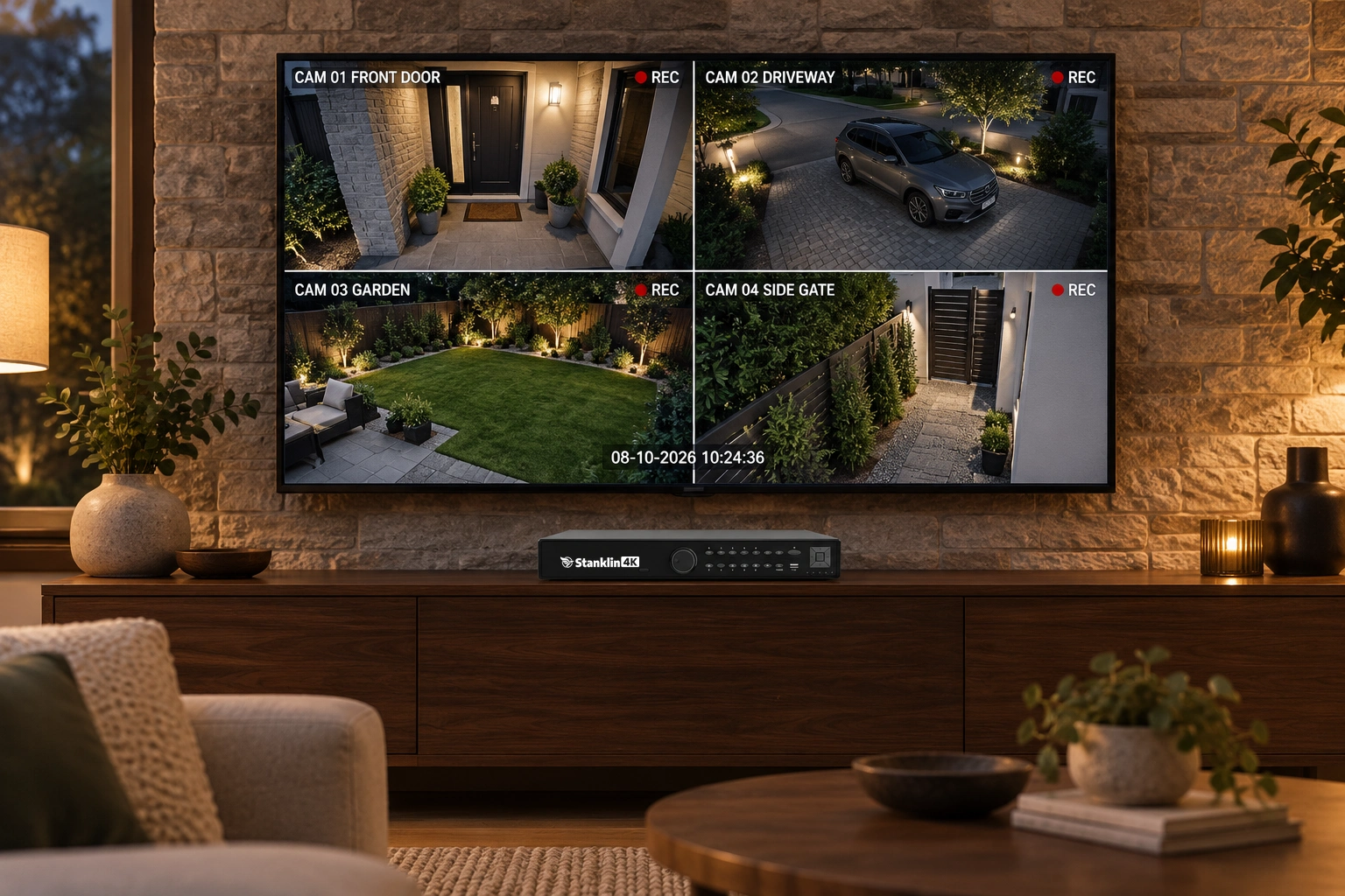 Compact Stanklin NVR-324K-H4 recorder beneath a TV showing labelled CCTV feeds in a home