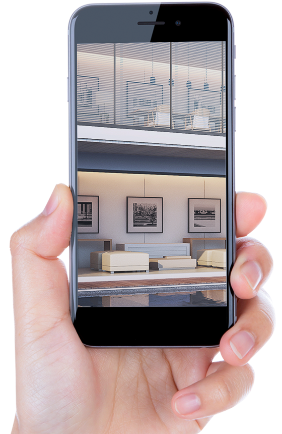 Hand holding a phone showing a live home security view