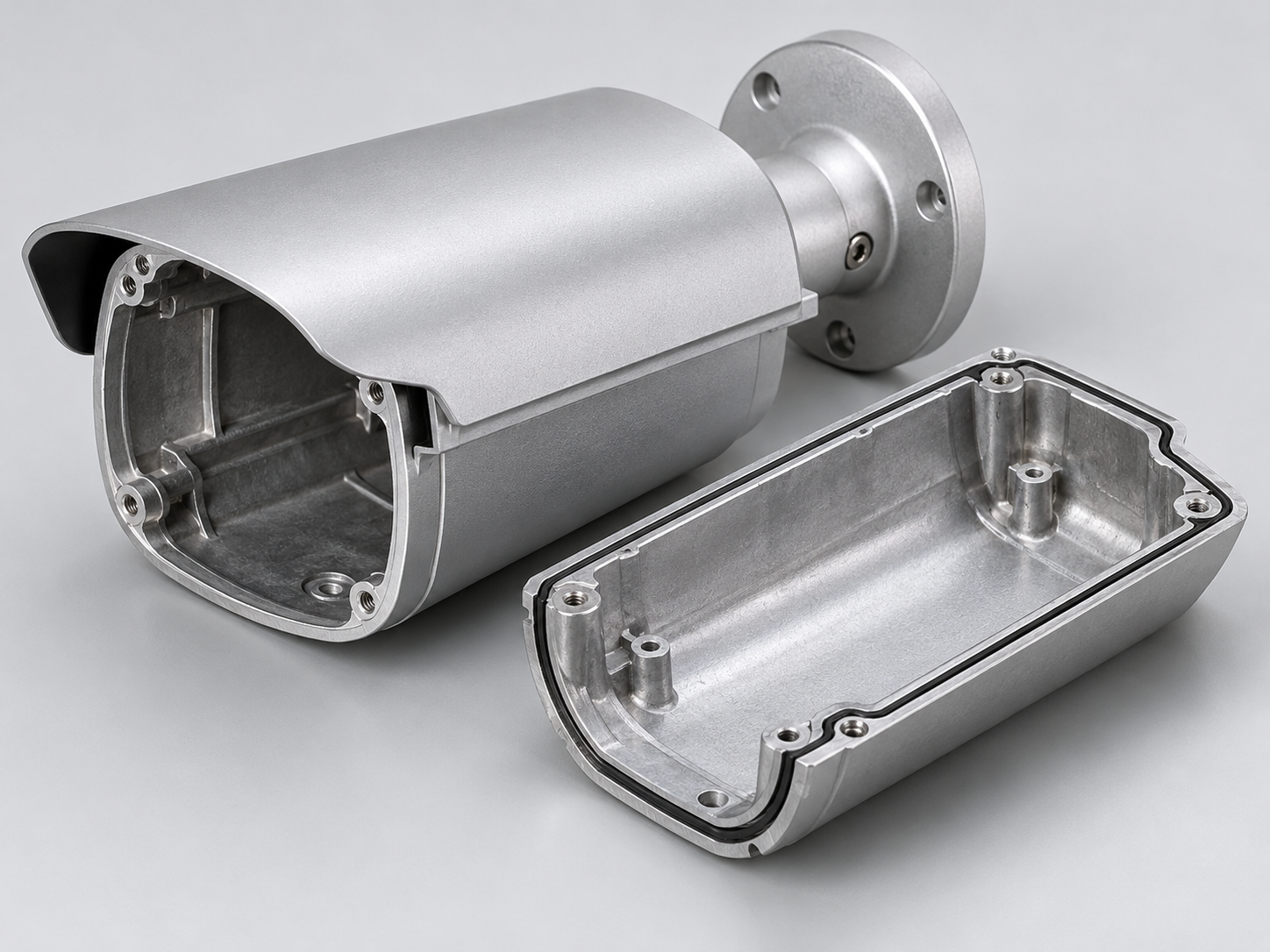 Illustration of an opened die-cast aluminium CCTV camera housing