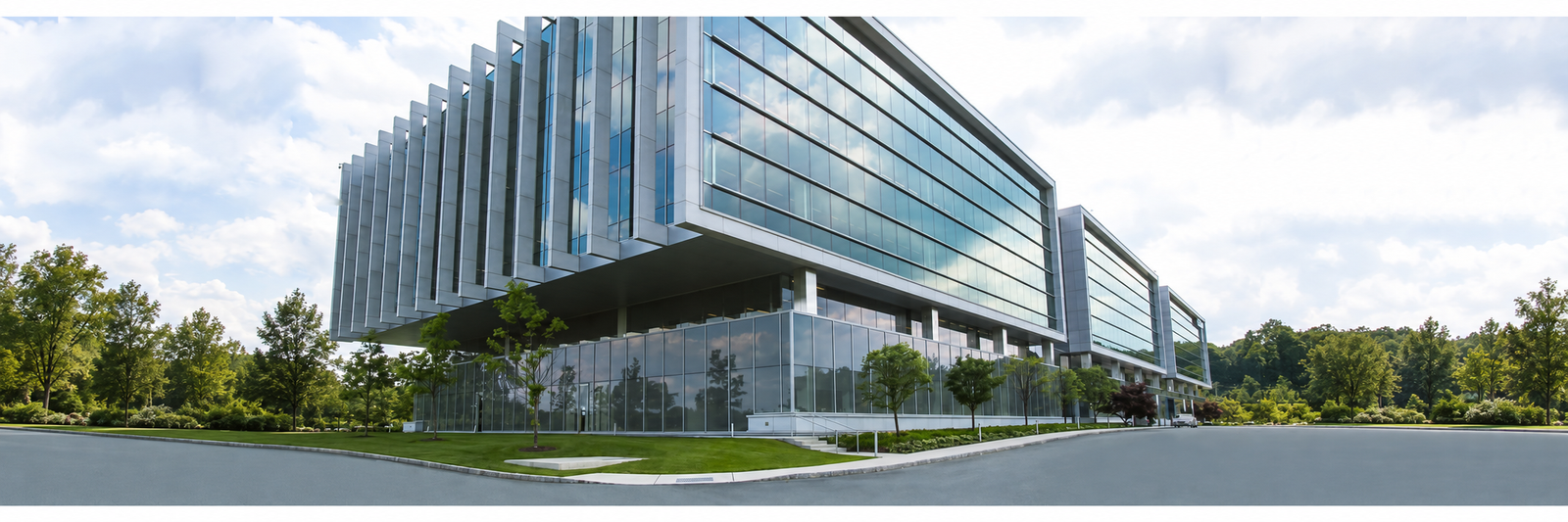 Corporate building with landscaped grounds