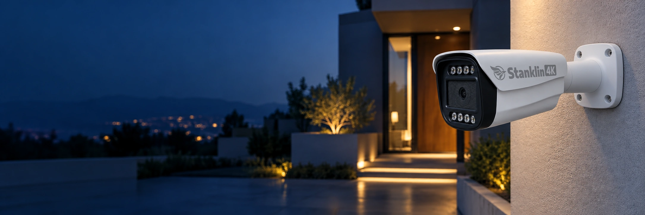 White Stanklin security camera watching over a modern home at dusk