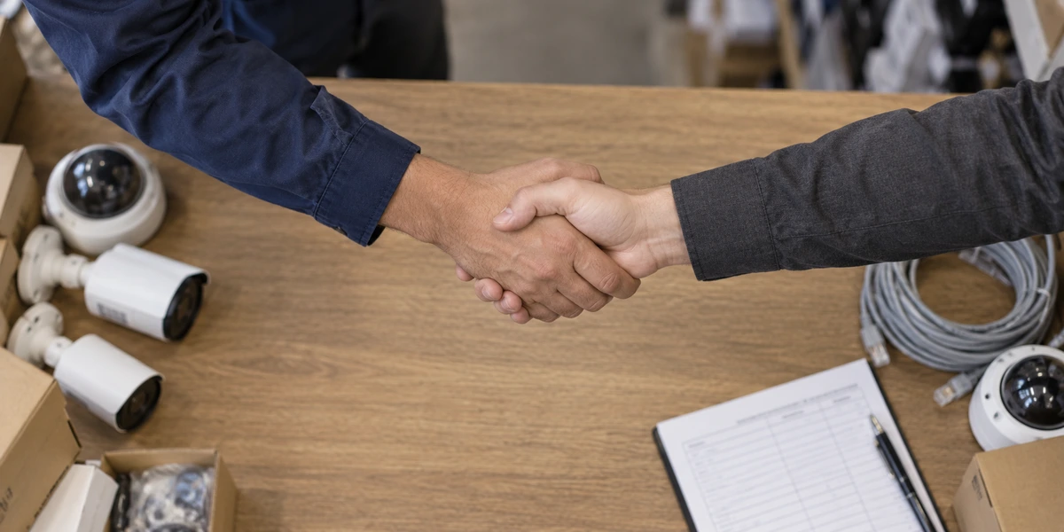 Overhead view of a dealer and supplier shaking hands at a softly blurred CCTV shop counter