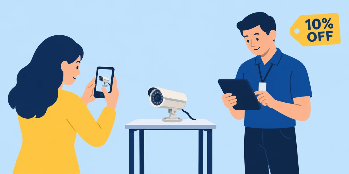 Customer photographing an old camera for review, with a 10% off upgrade offer