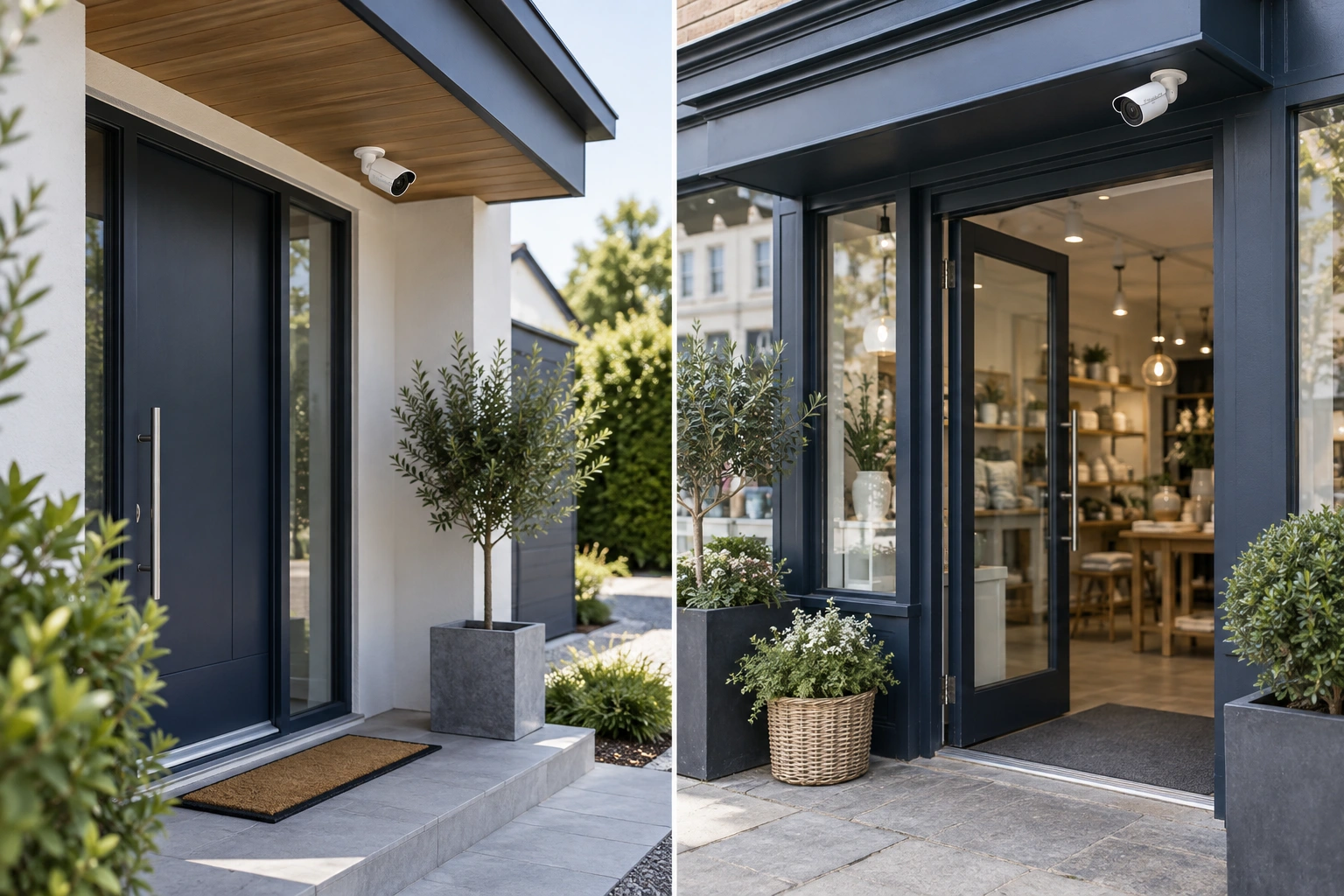 Security cameras at a home entrance and a shopfront