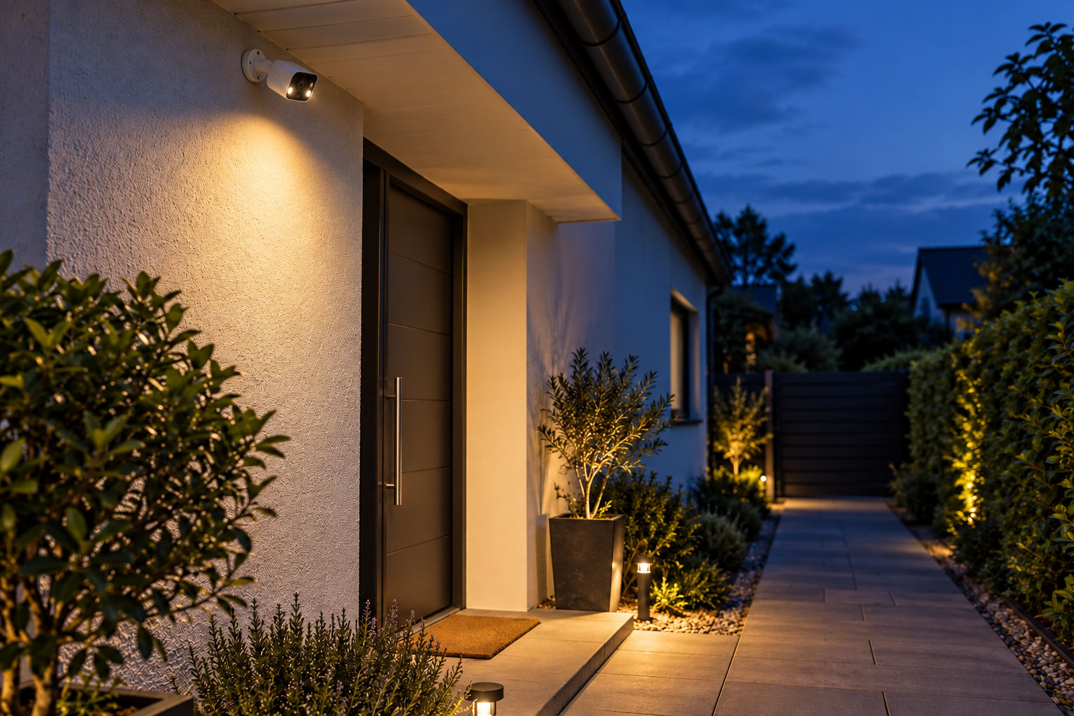Outdoor camera above an illuminated entrance at dusk