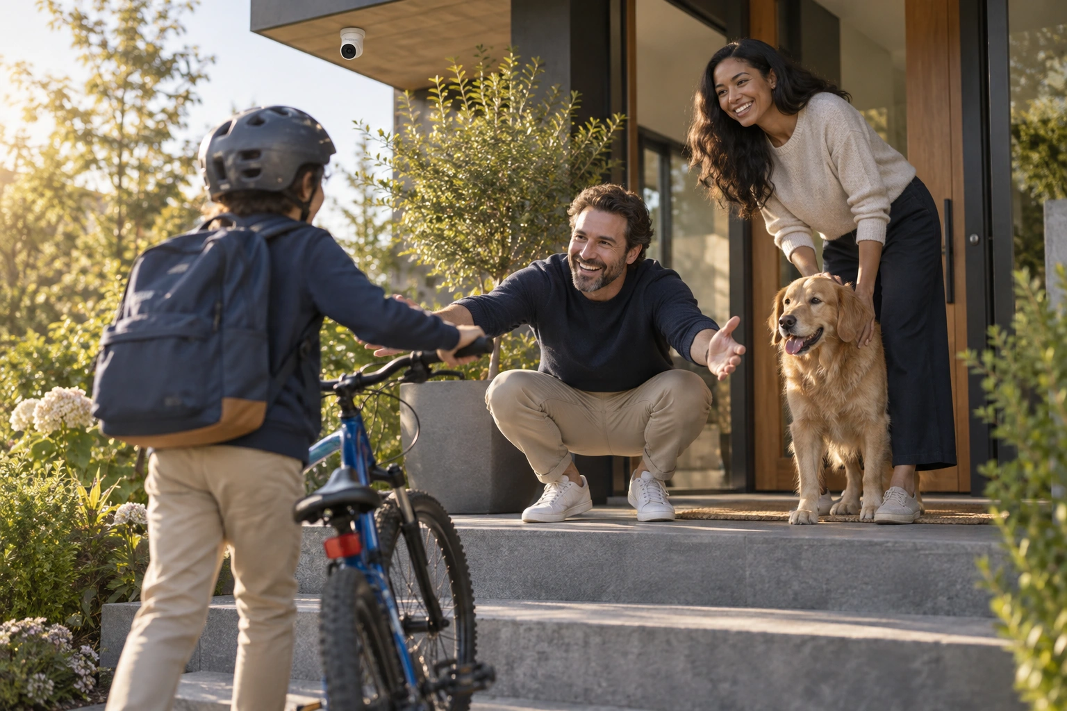 A family welcoming a child home beneath an entrance camera