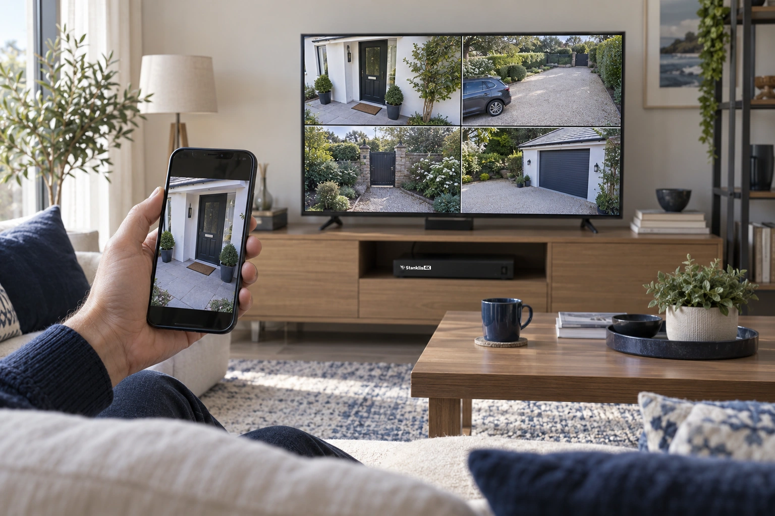 Home security views displayed on a phone and television