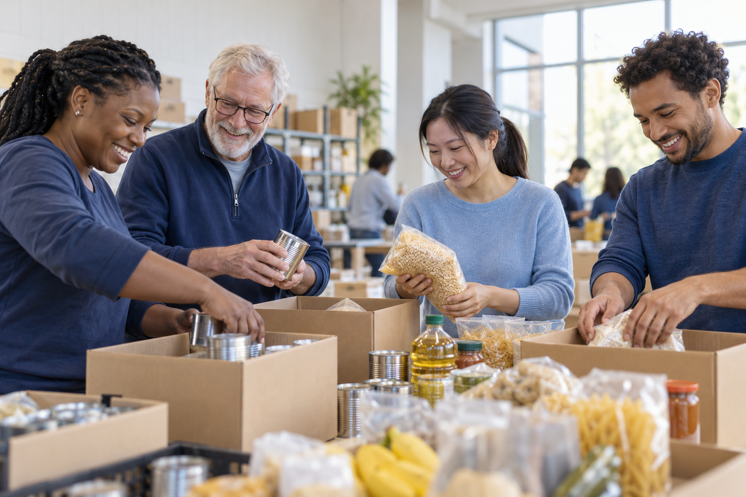 A diverse group of volunteers preparing food donations together