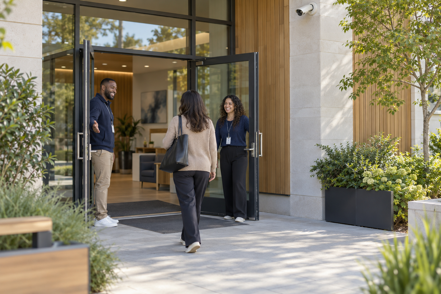 A welcoming community centre entrance with an exterior security camera