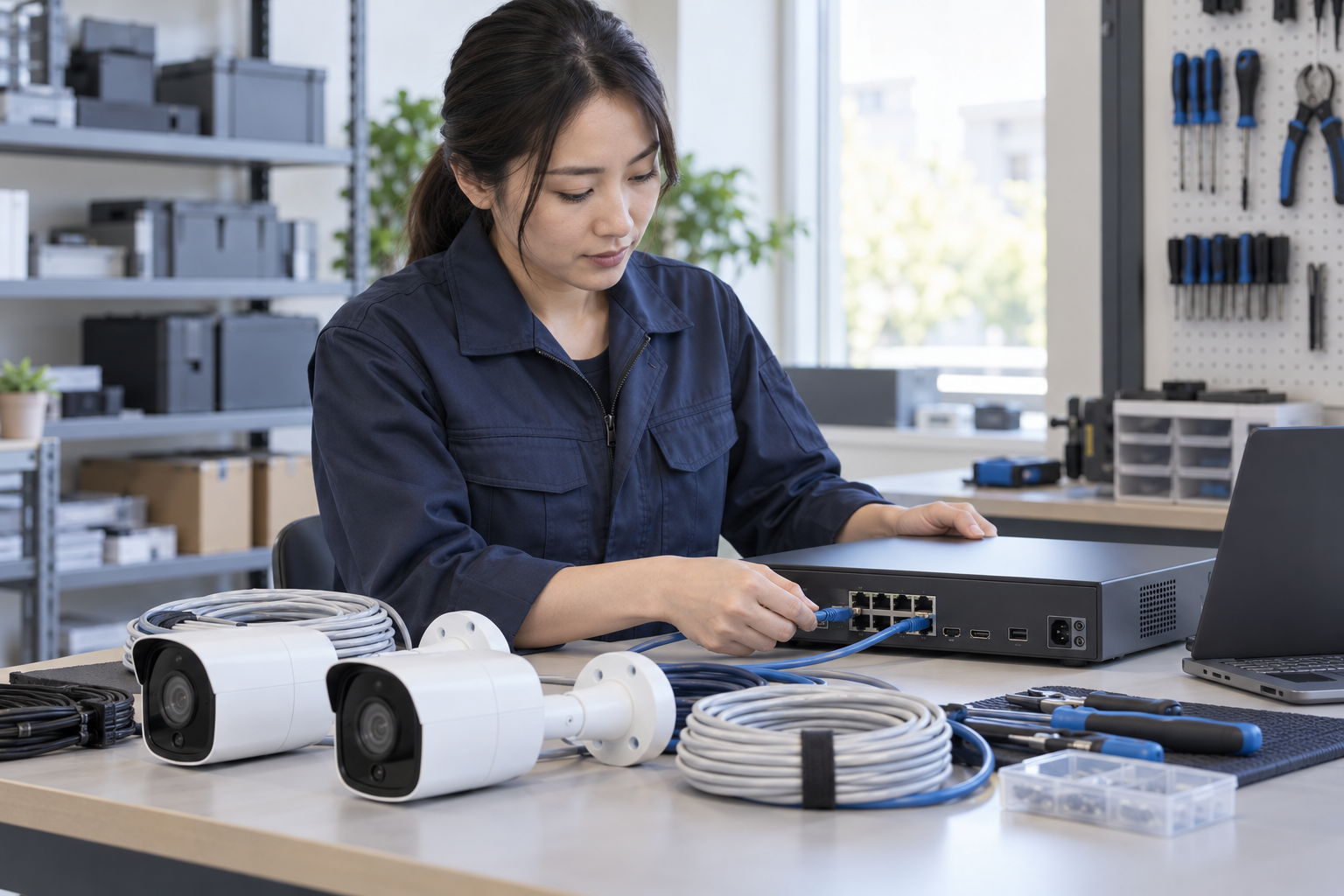 Security technician preparing cameras and network equipment