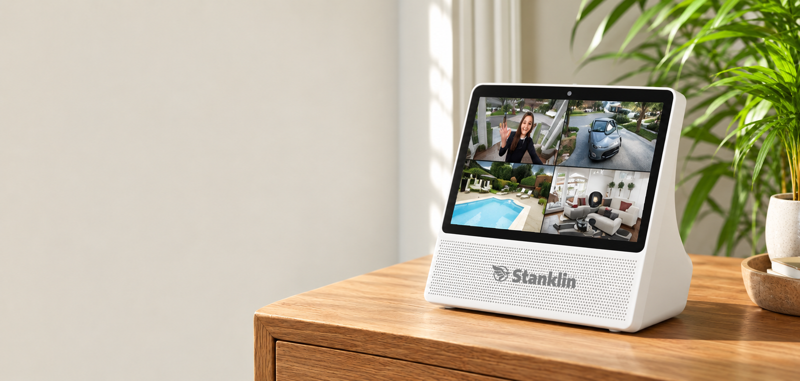 Stanklin Security Center on a wooden sideboard in a bright home