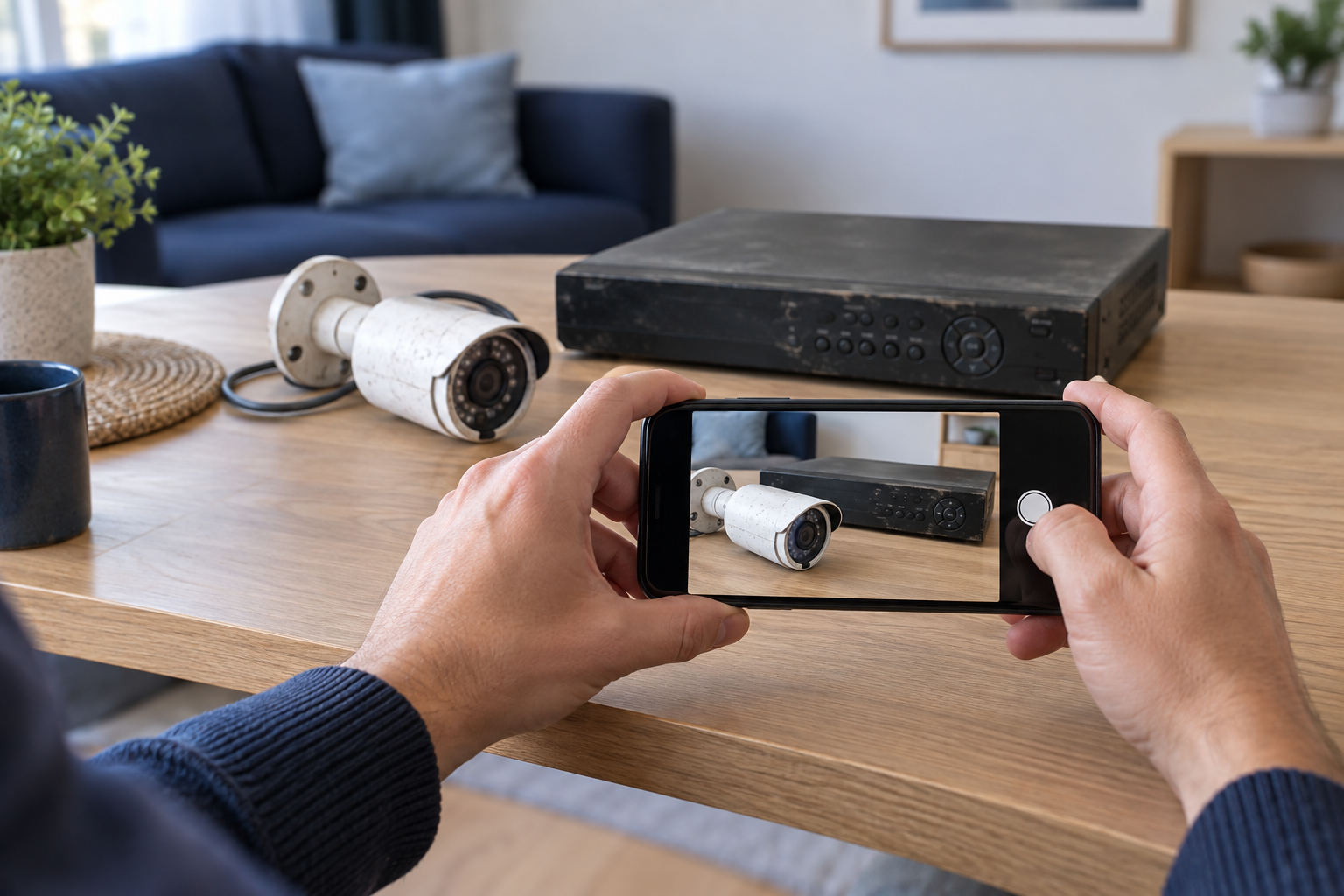A customer photographing an old unbranded CCTV camera and recorder