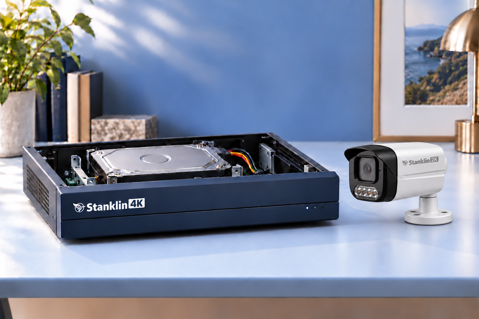 Stanklin recorder with its hard drive installed inside, beside a camera