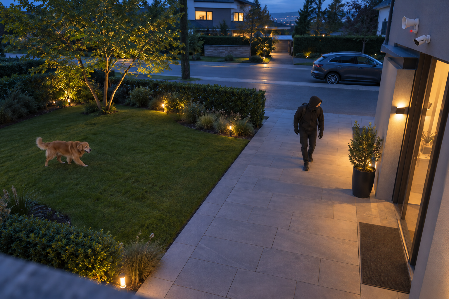 Illustrative front entrance intrusion scene with a CCTV camera, external siren, person and dog.