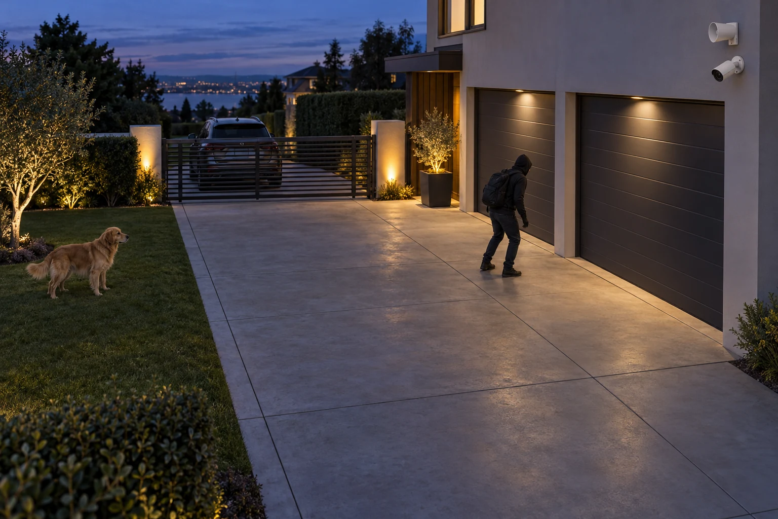 Illustrative garage driveway intrusion scene with a CCTV camera, external siren, person and dog.