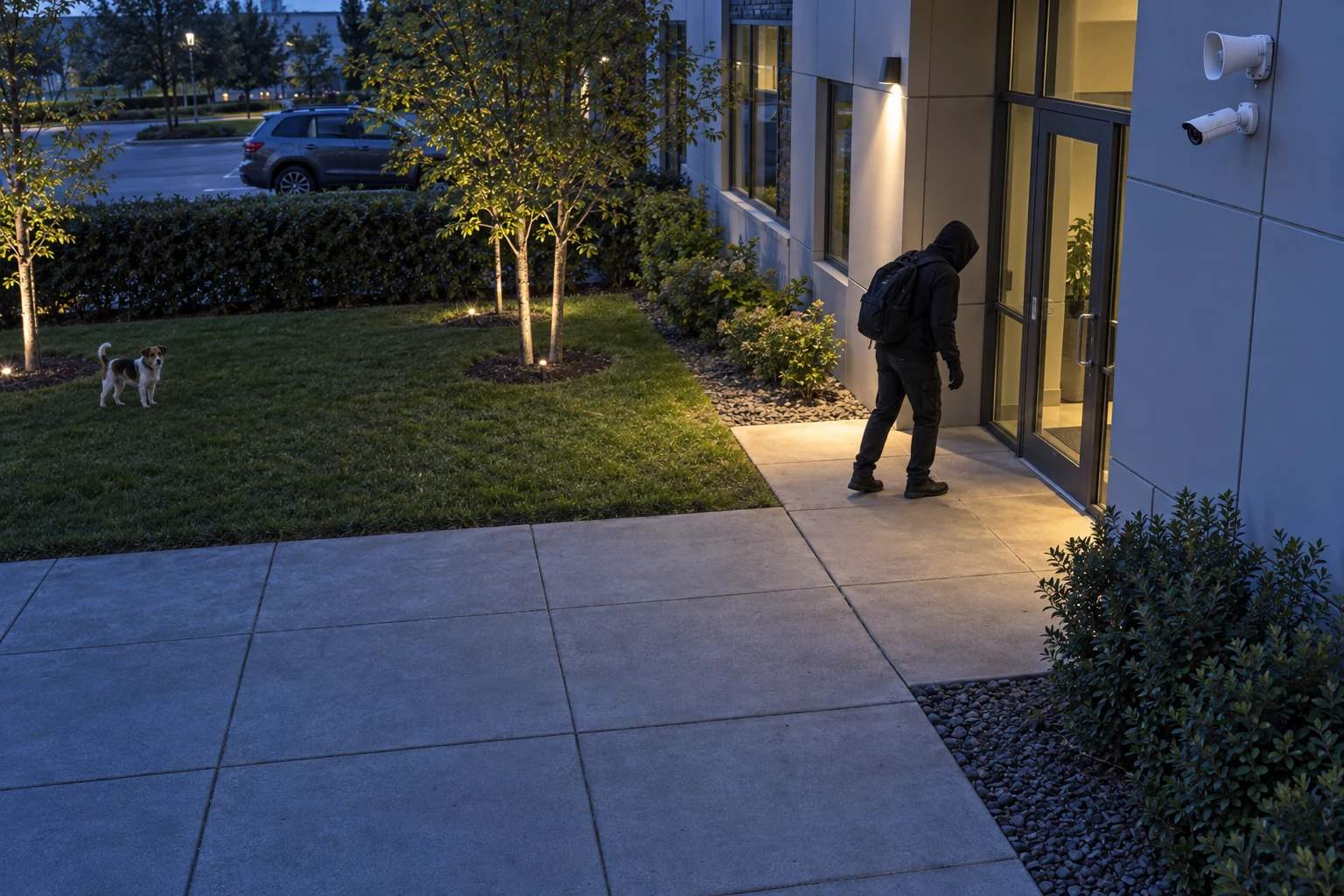 Illustrative office entrance intrusion scene with a CCTV camera, external siren, person and dog.