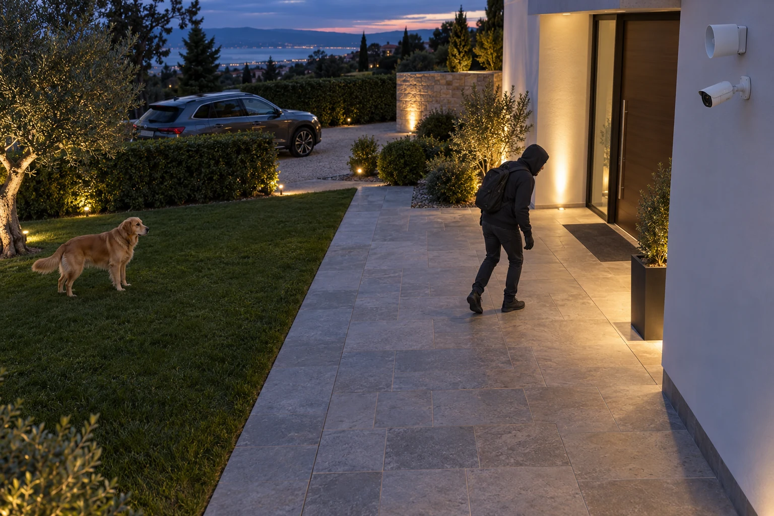 Illustrative villa entrance intrusion scene with a CCTV camera, external siren, person and dog.