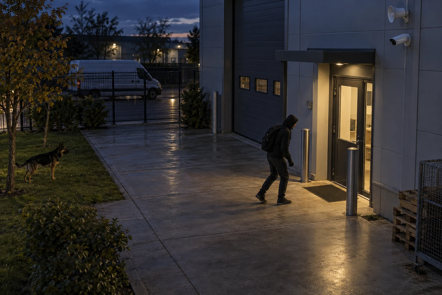 Illustrative warehouse entrance intrusion scene with a CCTV camera, external siren, person and dog.