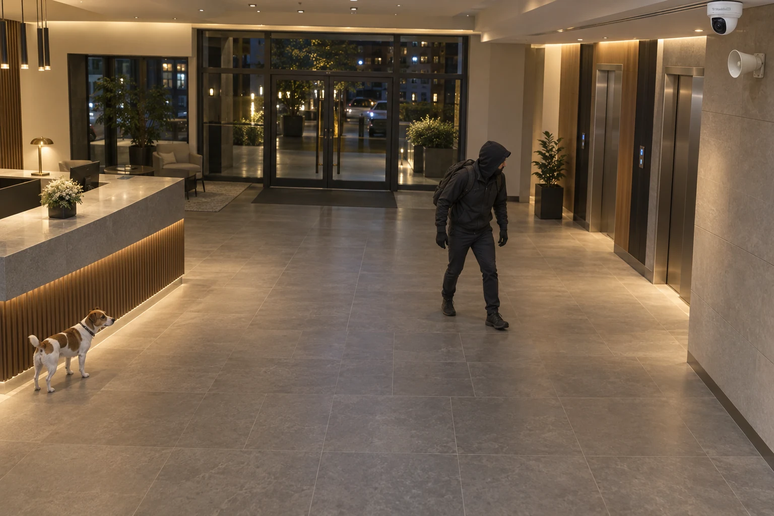 Illustrative apartment lobby intrusion scene with a CCTV camera, external siren, person and dog.