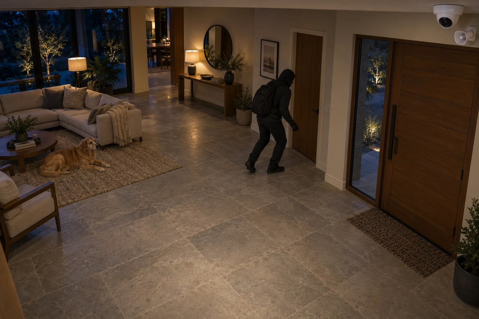 Illustrative home foyer intrusion scene with a CCTV camera, external siren, person and dog.