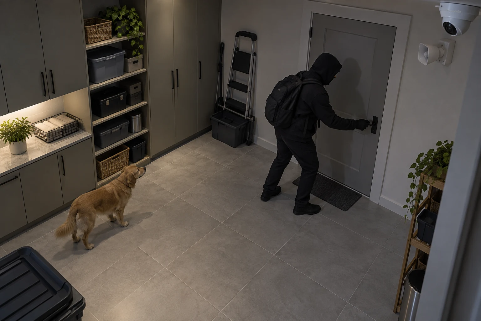 Illustrative home utility room intrusion scene with a CCTV camera, external siren, person and dog.