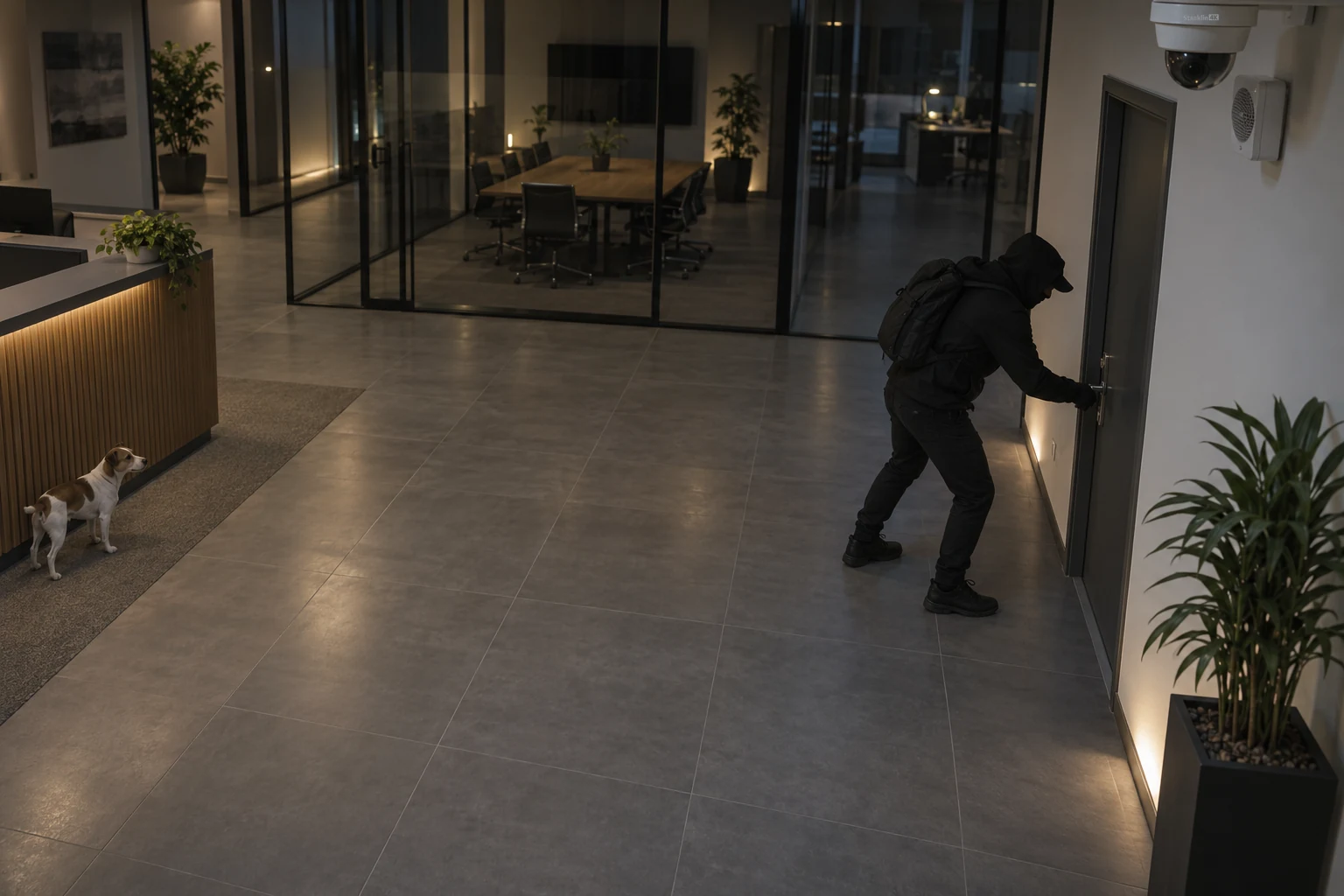 Illustrative office reception intrusion scene with a CCTV camera, external siren, person and dog.