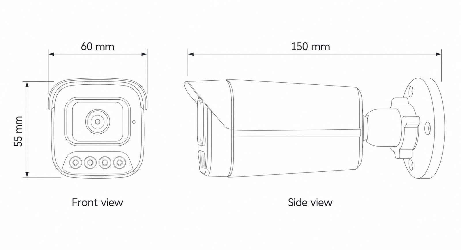 Front and side line drawings of the 2K 4MP bullet camera: length 150 mm, width 60 mm and height 55 mm
