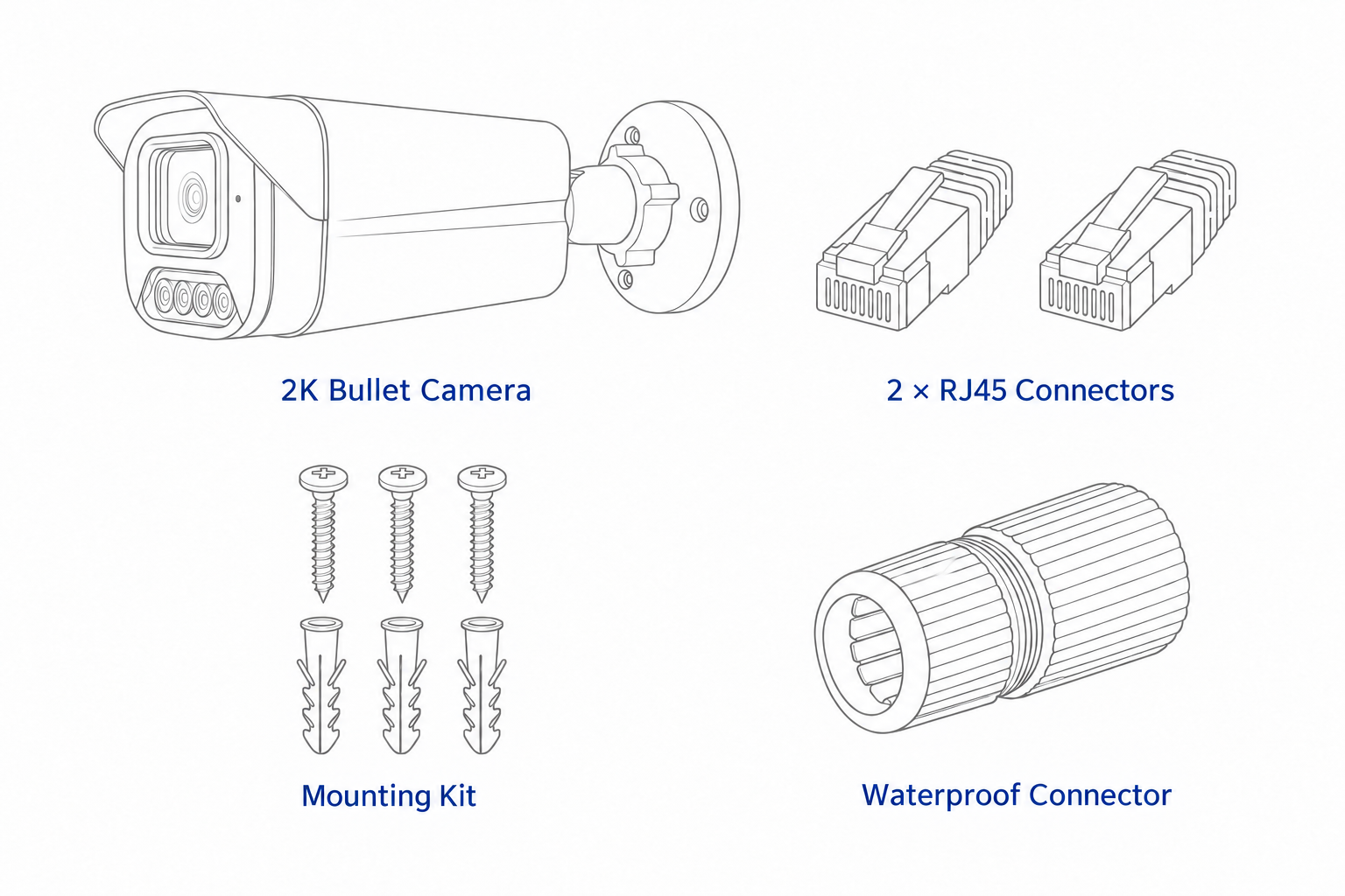 Package contents: 2K bullet camera with bracket, two RJ45 connectors, three mounting screws and three wall plugs, and waterproof connector