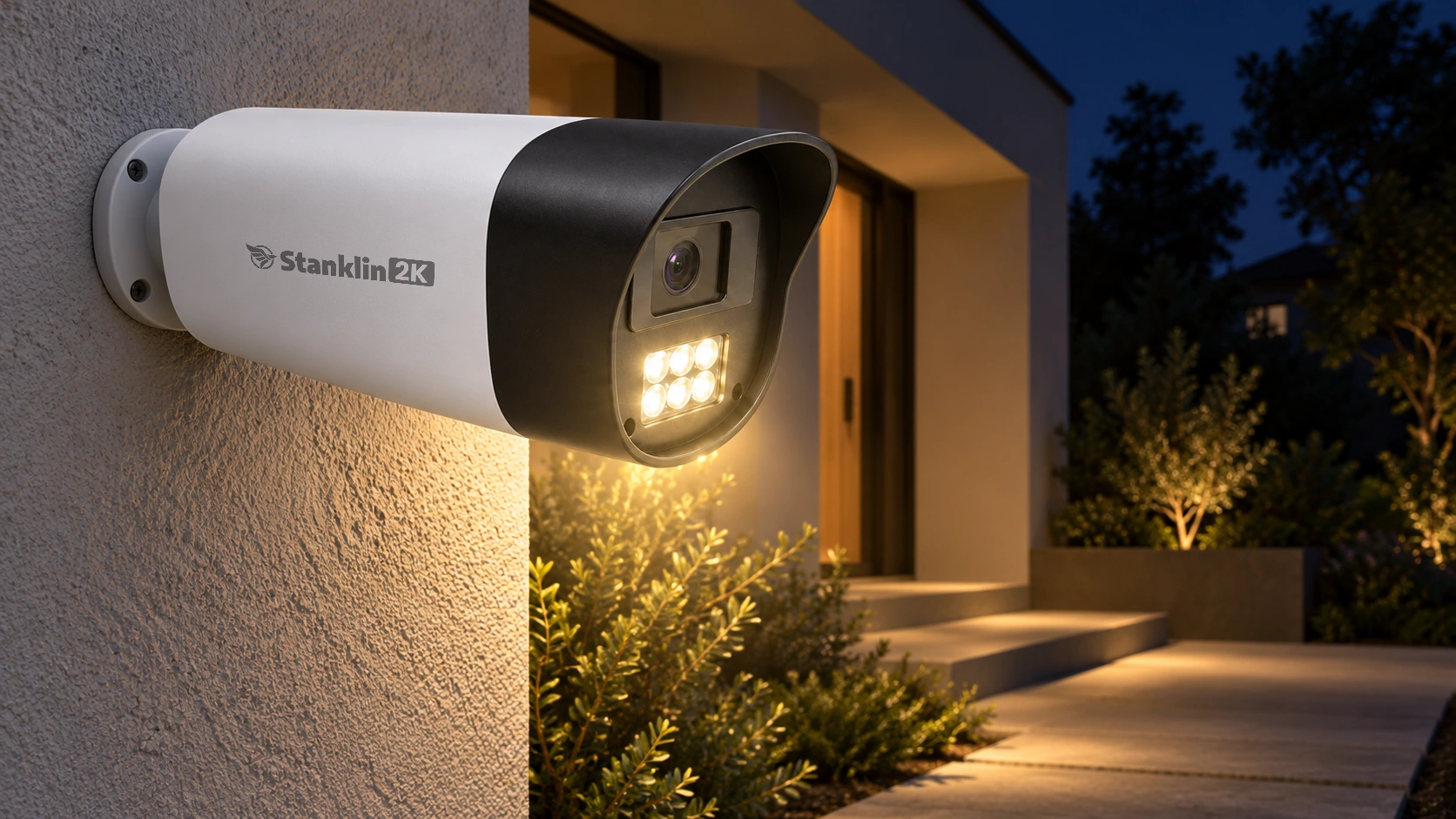 Stanklin 6MP bullet camera mounted on a wall at night with six bi-core LEDs glowing in warm-light mode