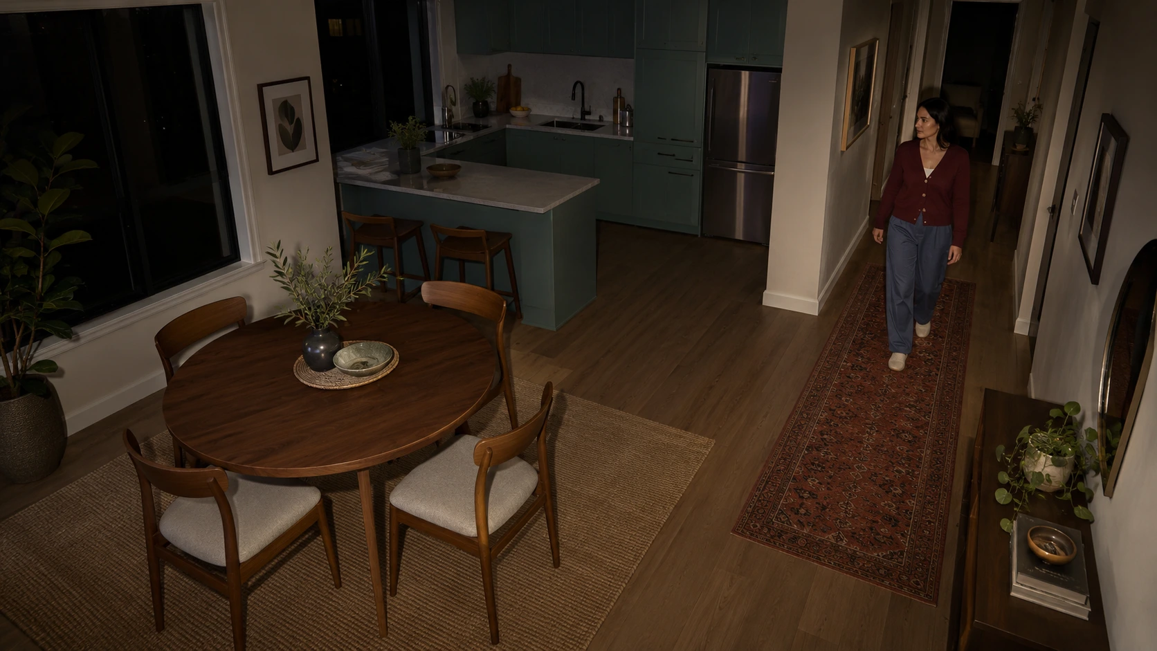 Illustrative colour night vision of an apartment dining area and hallway