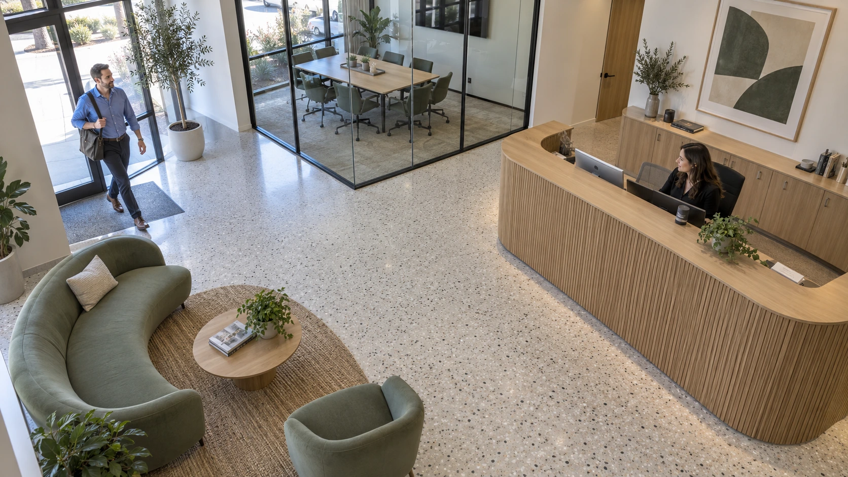 Illustrative wide-angle indoor office reception in daylight