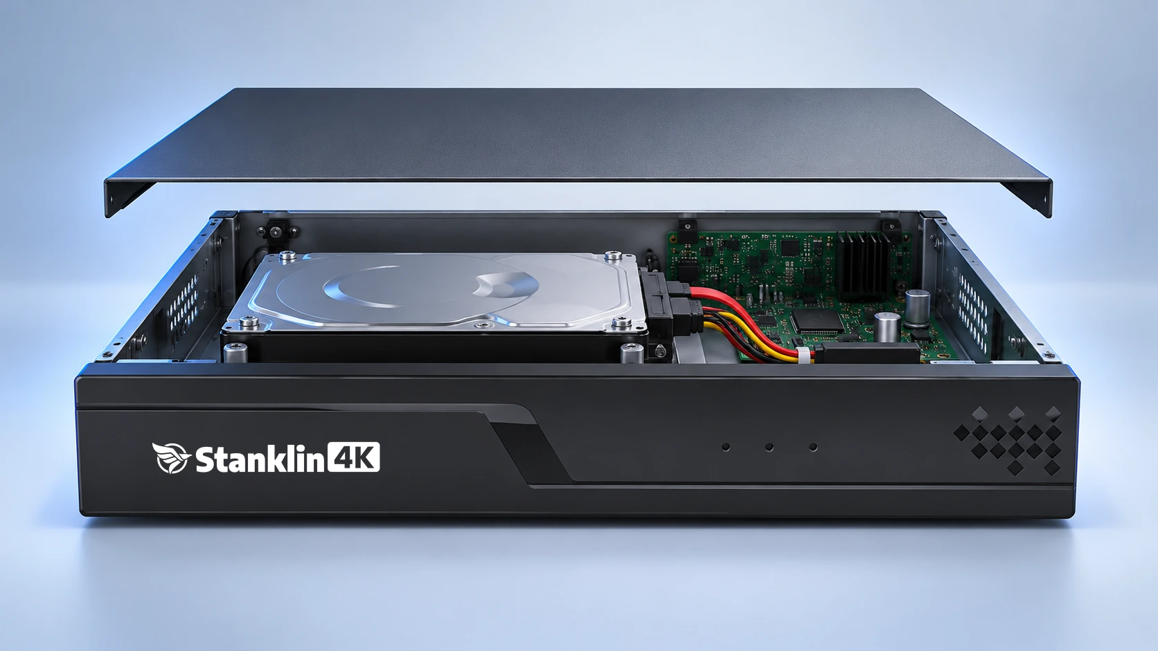 Stanklin 16-channel NVR with its top cover lifted to show one installed surveillance hard drive