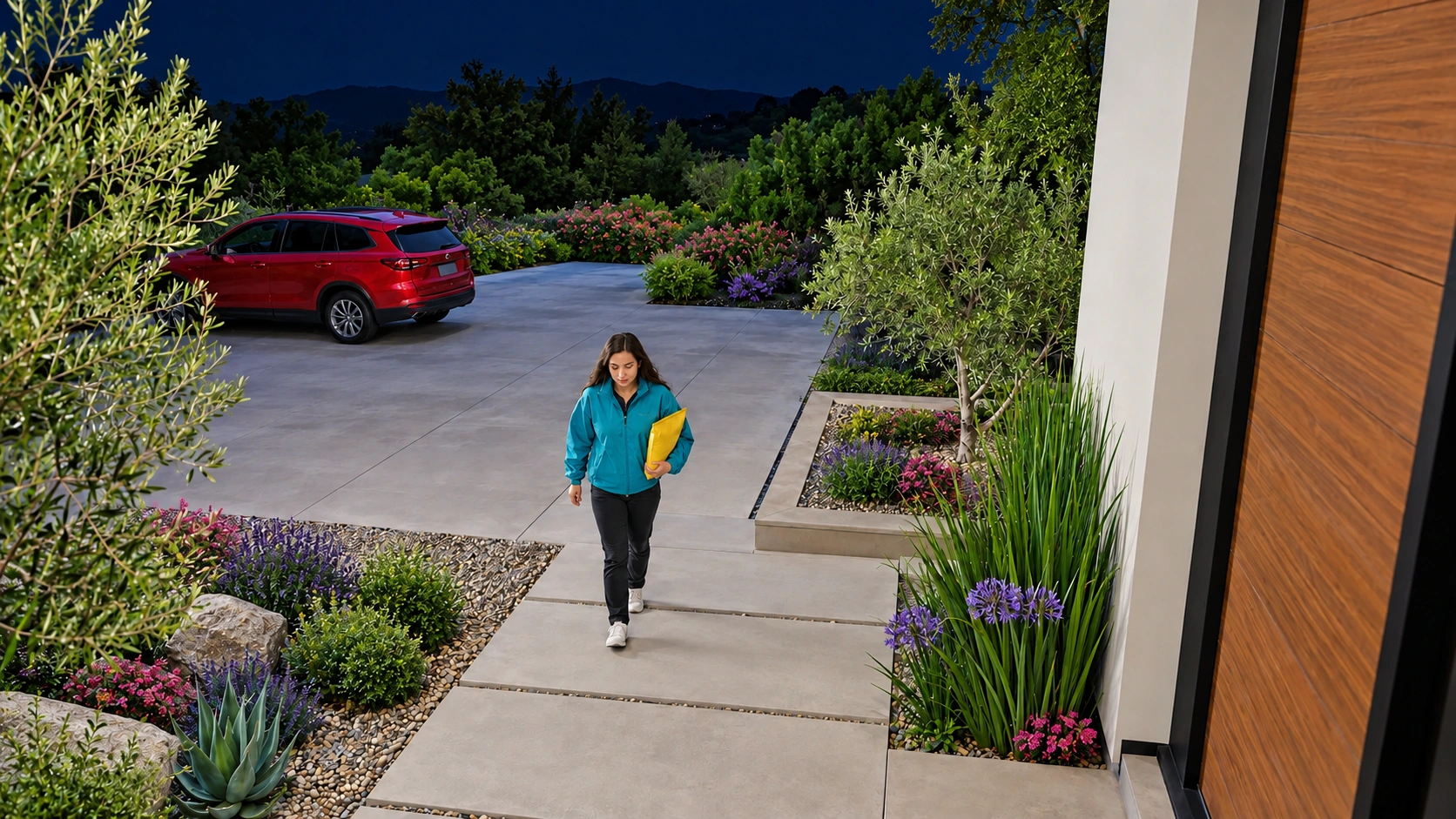 Illustrative low-light color view of a visitor and driveway at night, without visible porch or garden lights