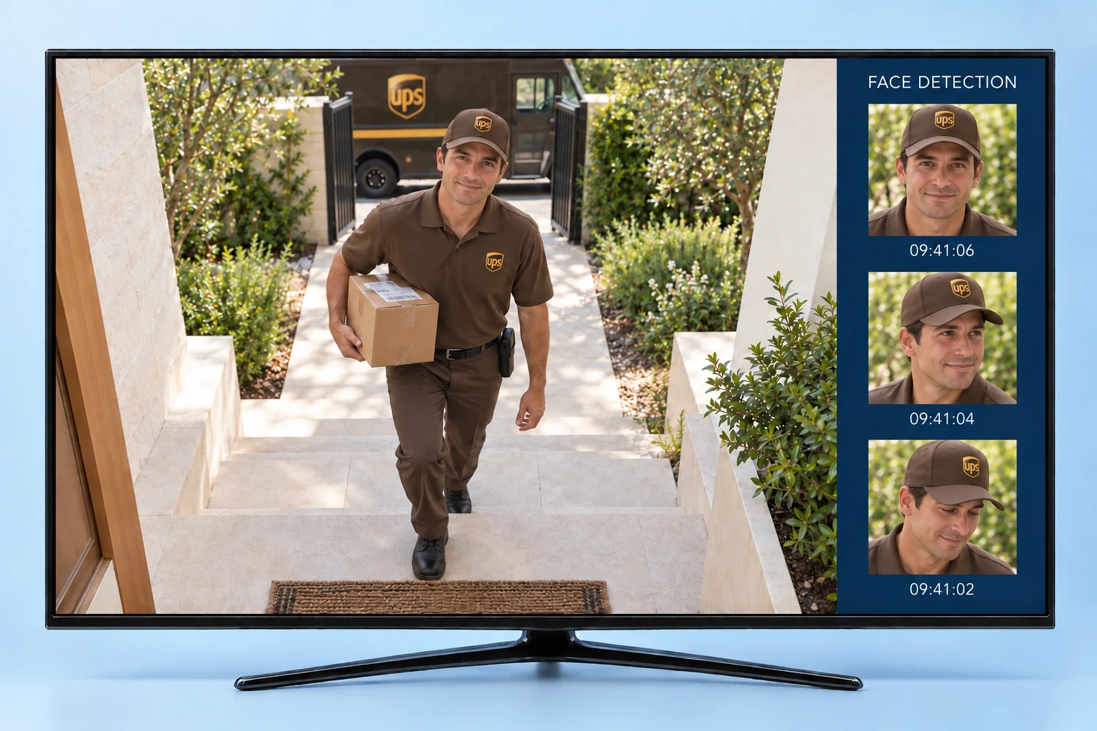 UPS courier arriving with a parcel, a delivery van at the gate, and three distinct face angles beside the live view