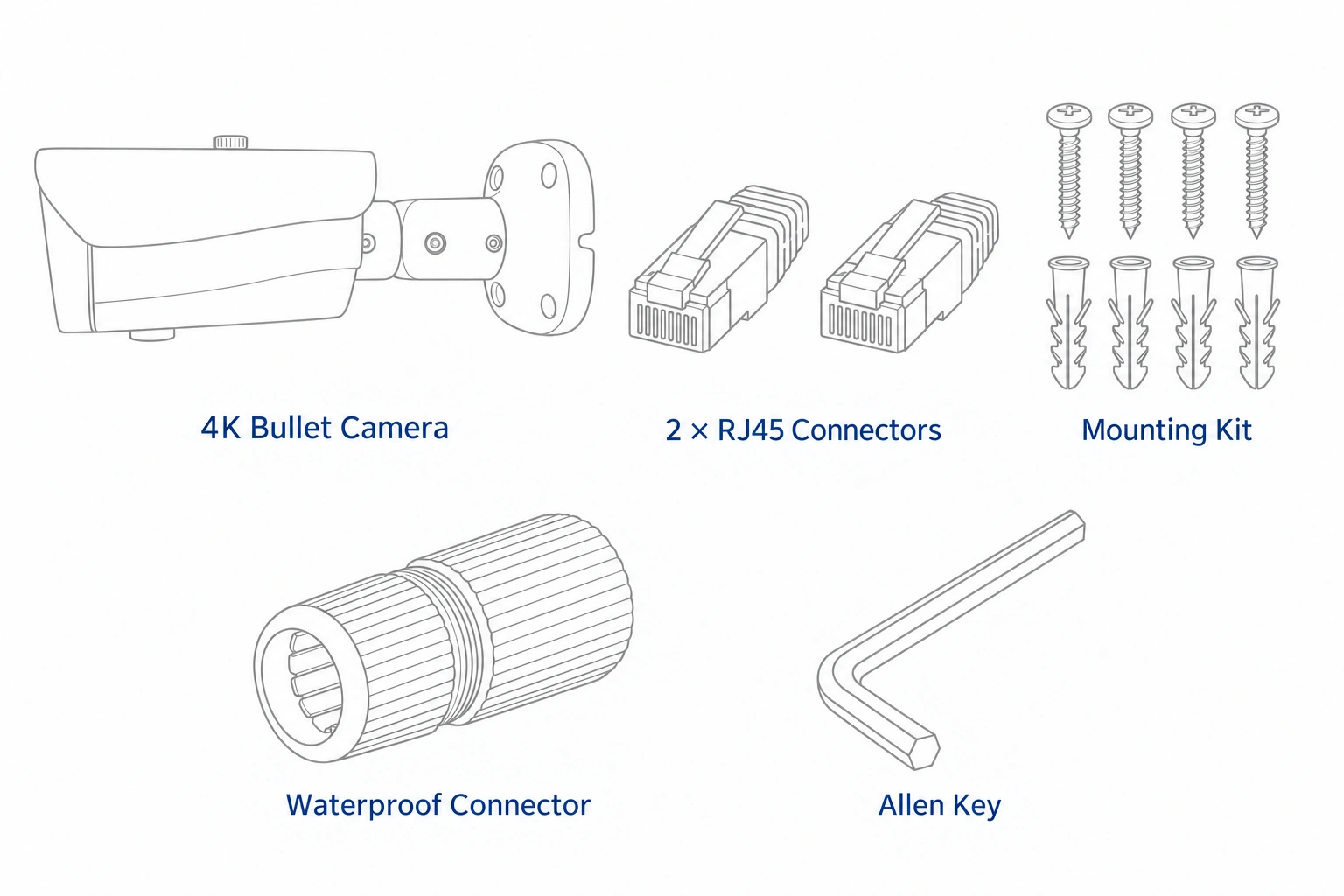 Package contents in matching line drawings: 4K bullet camera with bracket, two RJ45 connectors, mounting screws and anchors, waterproof connector and Allen key