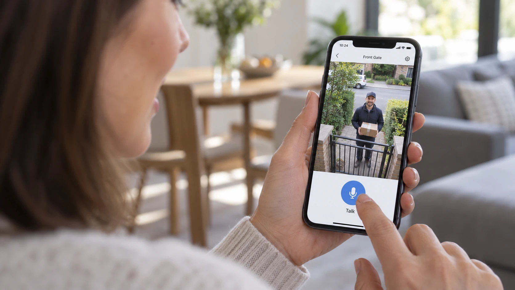 Homeowner pressing the Talk button to speak to a visitor at the gate, with a softly blurred home background