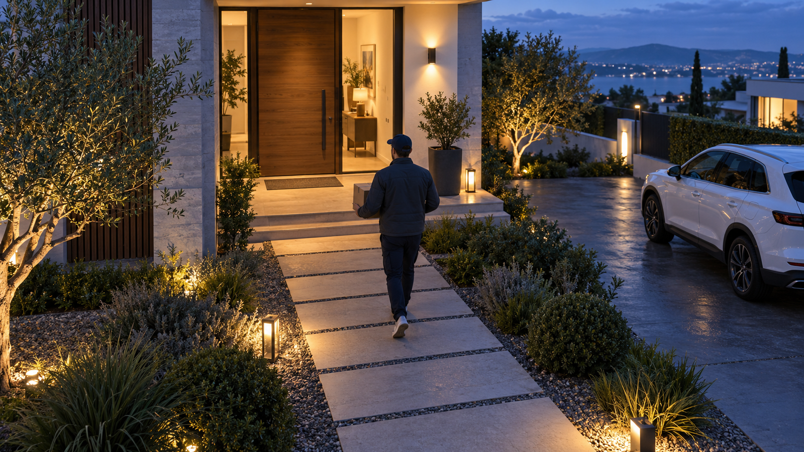 Illustrative entrance scene with a person detection overlay