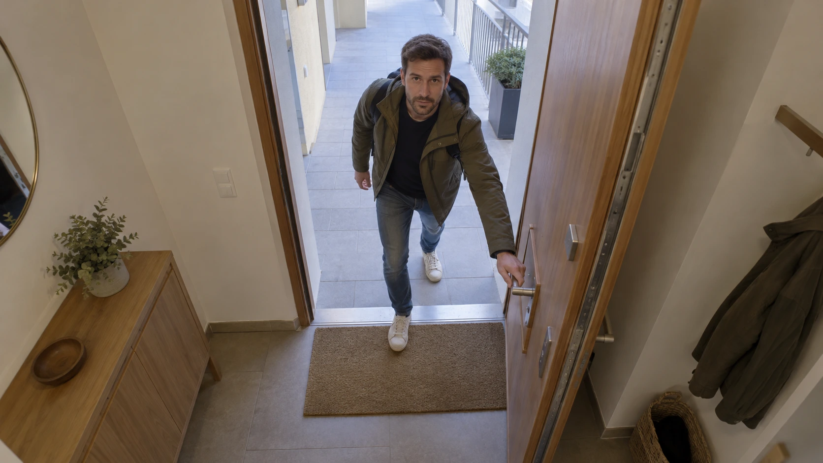 Illustrative camera view of a person opening the main door and entering from a covered corridor