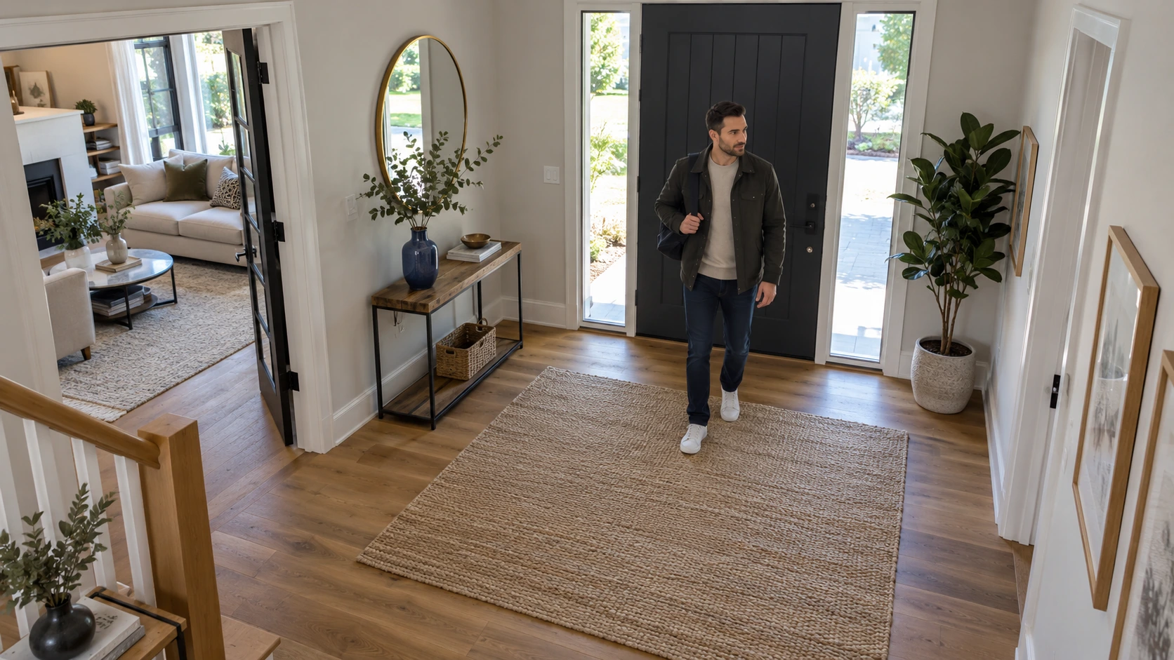 Illustrative wide indoor view of a home entrance and adjoining living space
